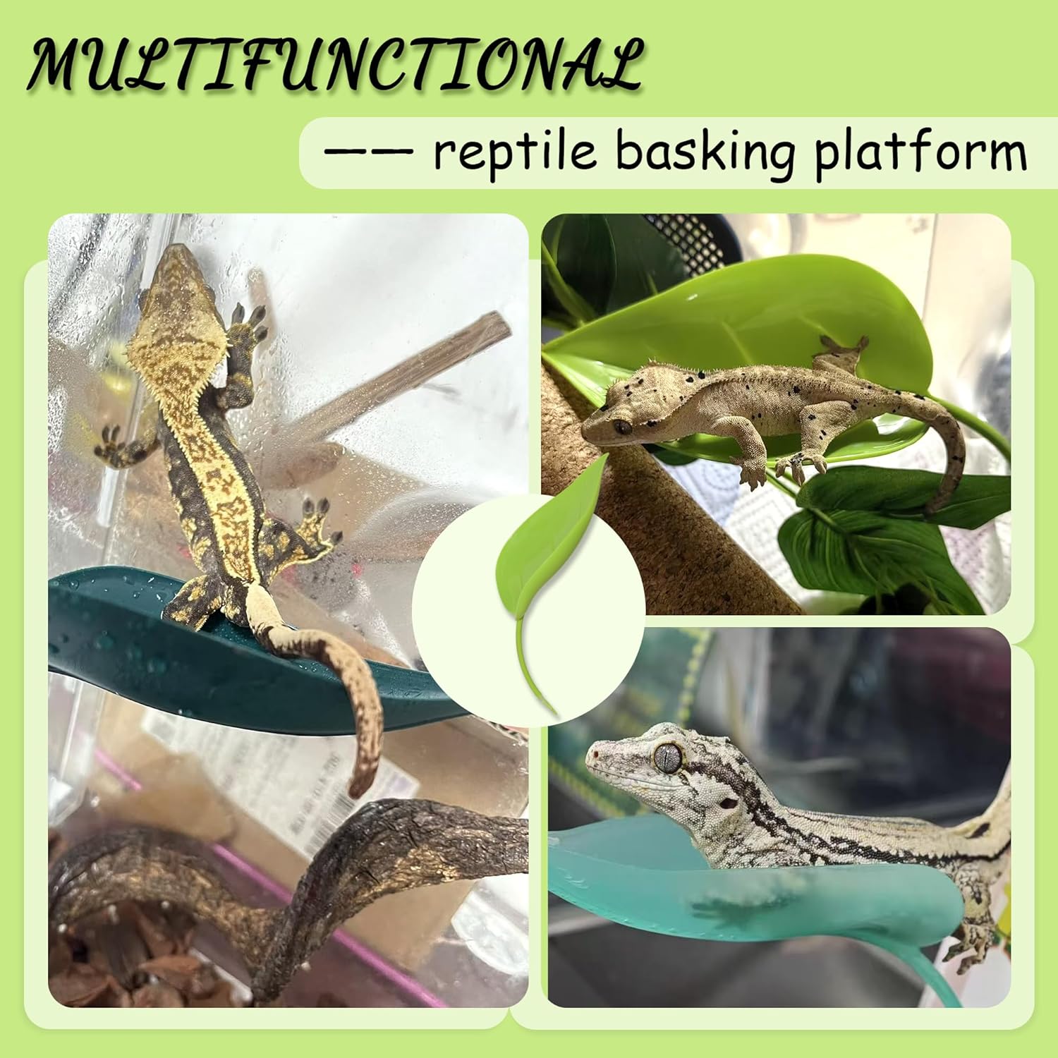 Turtle Basking Platform, 3PCS Tree Frog Tank Accessories, Leaf Shape Bearded Dragon Basking Platform with Suction Cups, Leopard Gecko Tank Accessories, Turtle Tank Decor (Green)