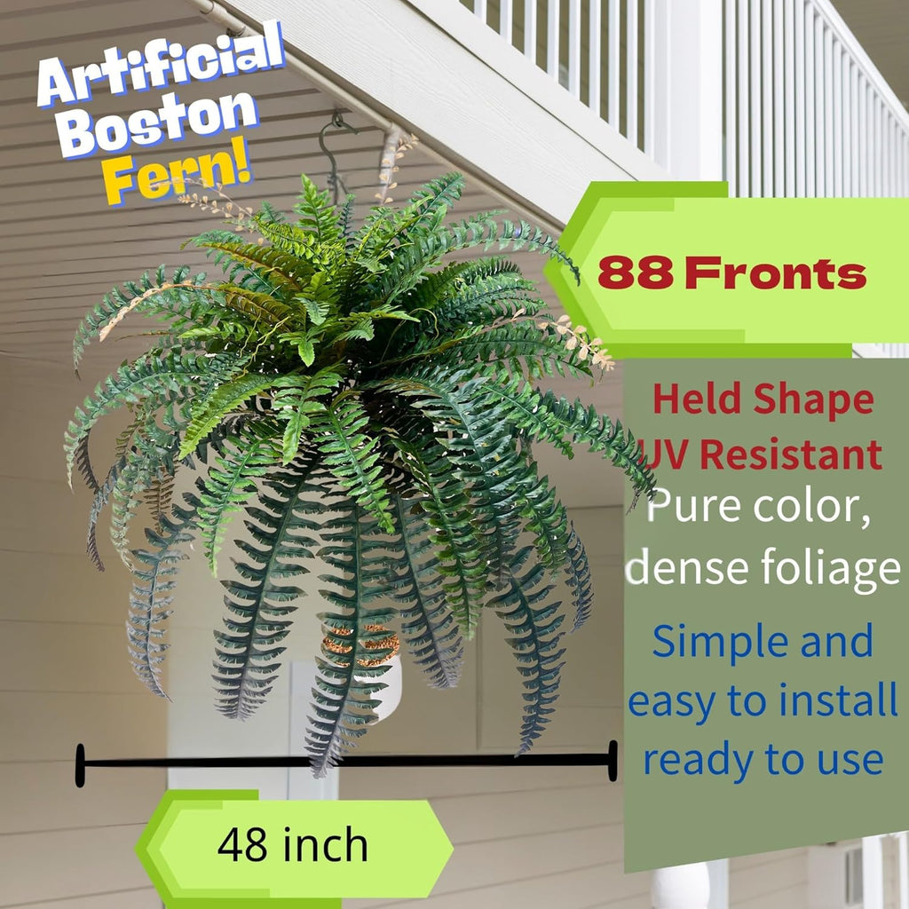Giant Artificial Boston Ferns for Outdoors Large –UV Resistant Lifelike Faux Fern, Realistic Silk Greenery Plants Large Office, Home Decor,88 Branches,48 Inch Fake Fern Leaf Green.No Base.