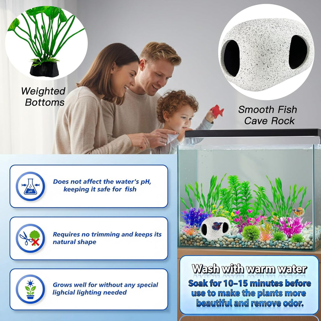 Aquarium Decorations Set, 16Pieces Artificial Plastic Plants & Smooth Fish Cave Rock, Non-Damaging Ornaments for Fish Tank with Gift Box Packaging, Goldfish & Betta Fish Tank Accessories