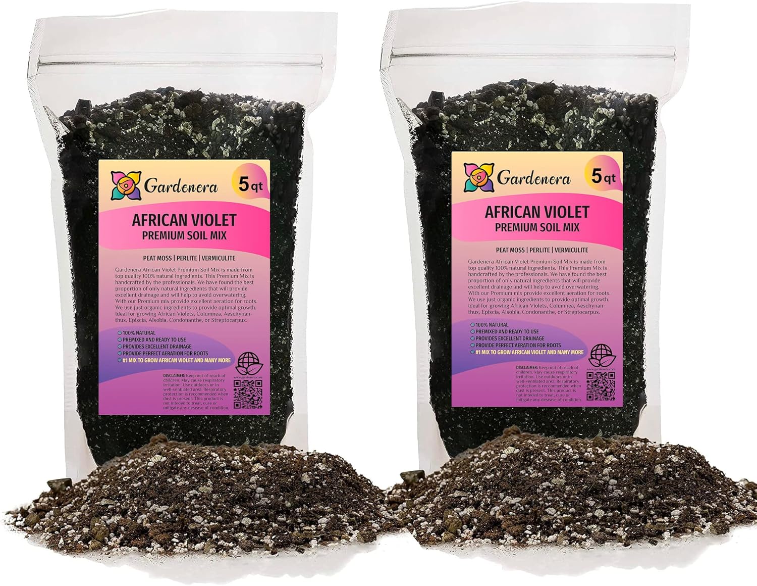 Premium African Violets and Gesneriad Premium Soil Mix by Gardenera - 10 Quart - Horticultural Perlite, Vermiculite, Sphagnum Peat Moss - Made in USA - (2 Bags of 5QT)