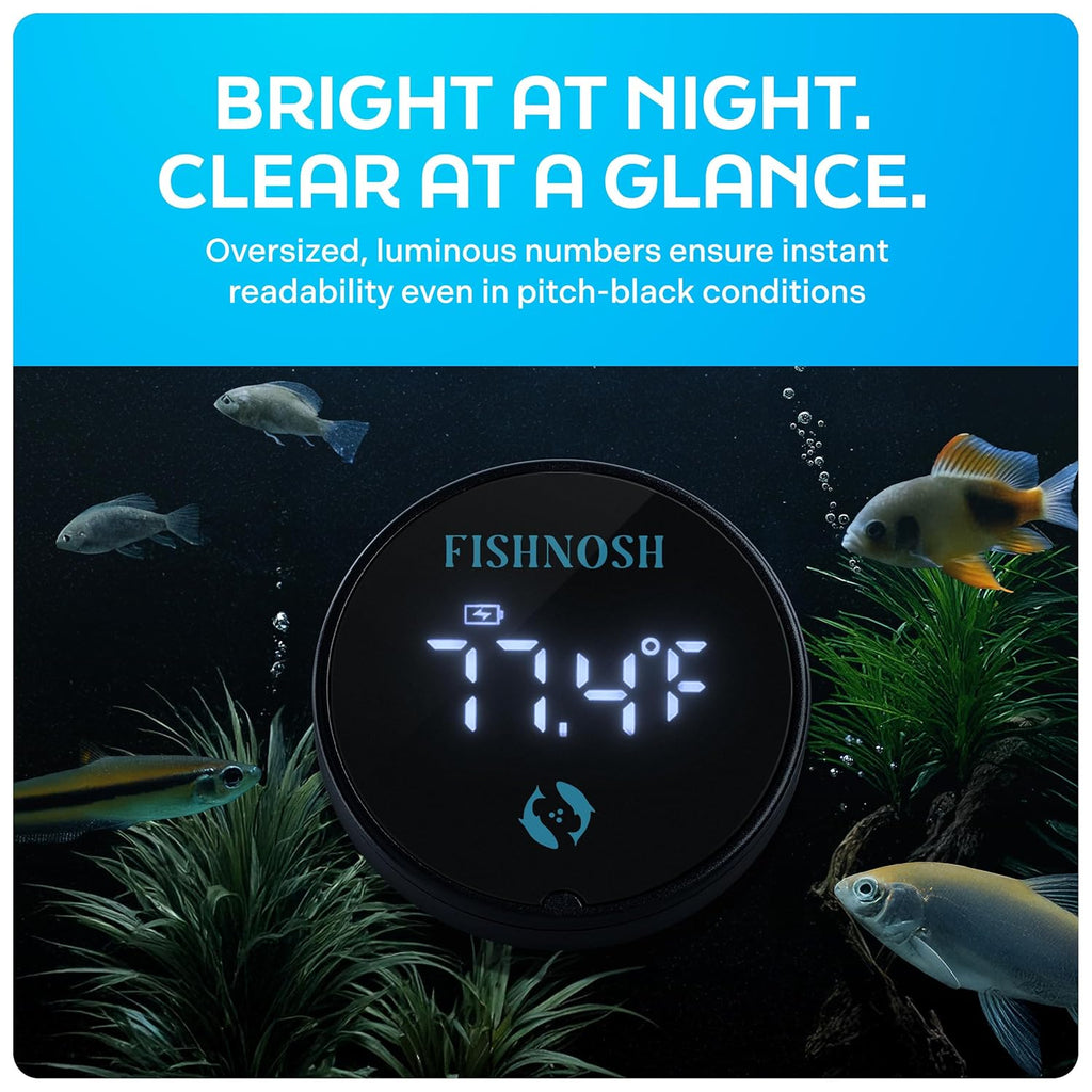 FISHNOSH Aquarium Thermometer | Rechargeable USB Type-C Fish Tank Thermometer w/Glowing Digits, Battery Indicator, Smart Sensor Positioning | 2.5” x 0.5” Fish Tank Temperature Gauge w/Charging Cable