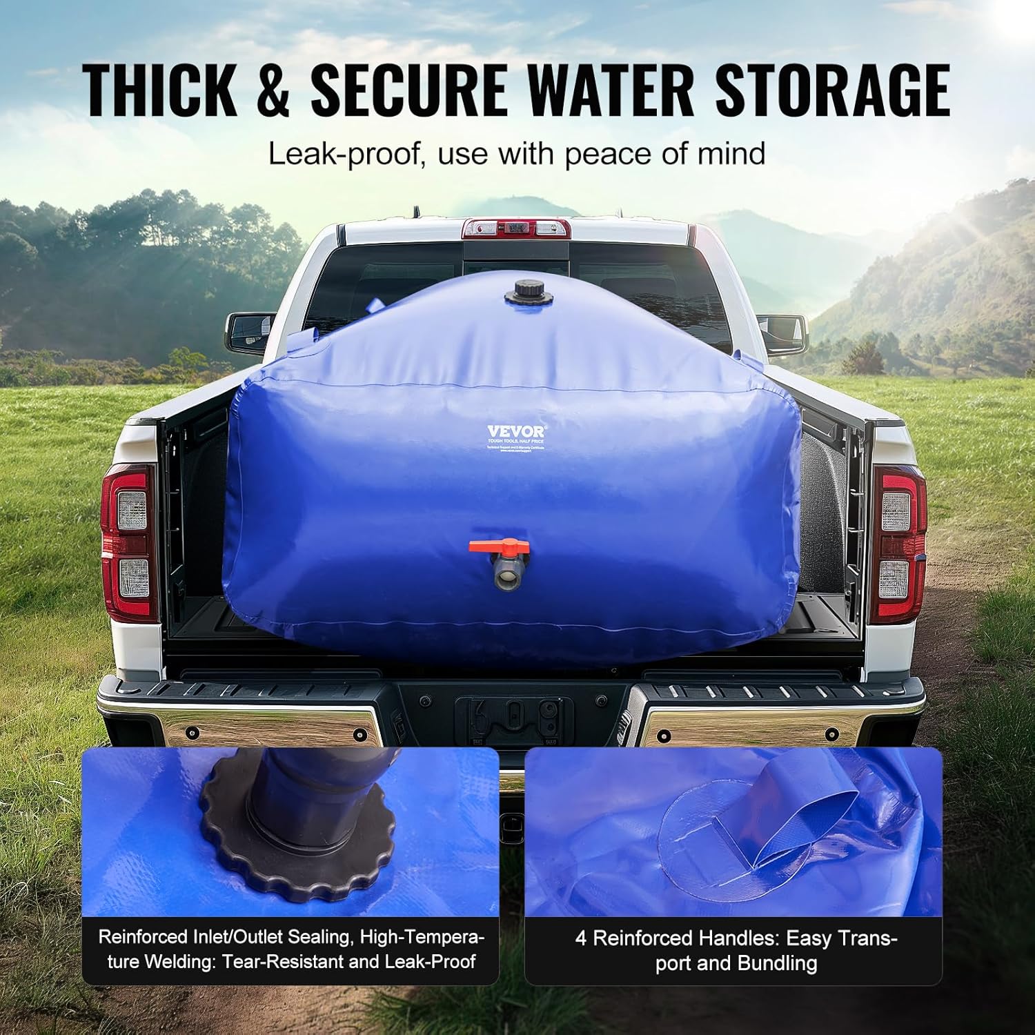 VEVOR 1000L/264 Gallon Water Storage Bladder, RV Water Tank, 1000D Blue PVC Collapsible Water Storage Containers, Large Capacity Soft Water Bag, Portable Water Bladder, for Garden Irrigation, Camping