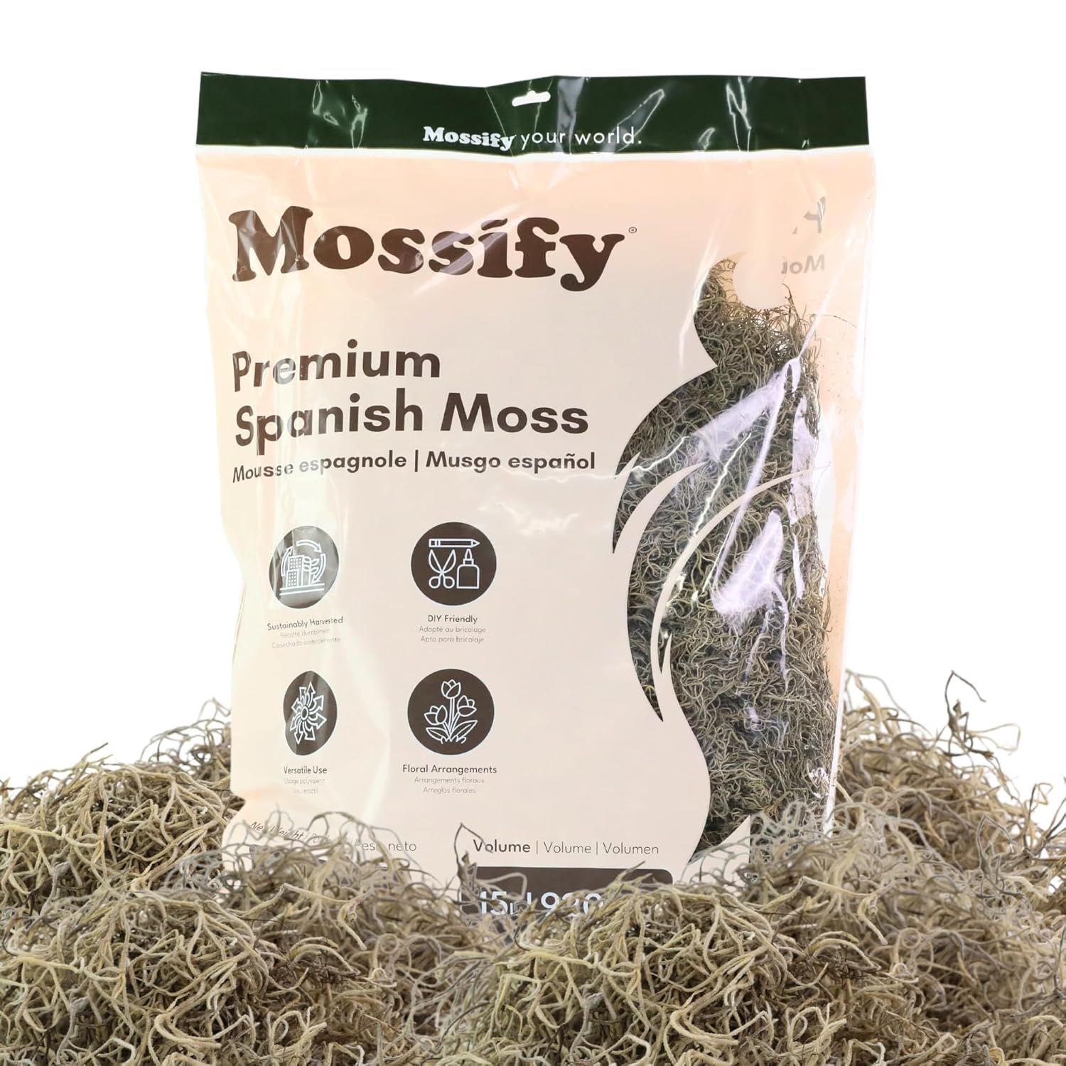 Mossify Premium Spanish Moss for Plants Indoor & Outdoor 500g, 1.1lbs - Natural Dried Preserved Moss for Crafts, Terrariums, Floral Arrangements, Garden & Home Décor – Humidity Retaining Spanish Moss