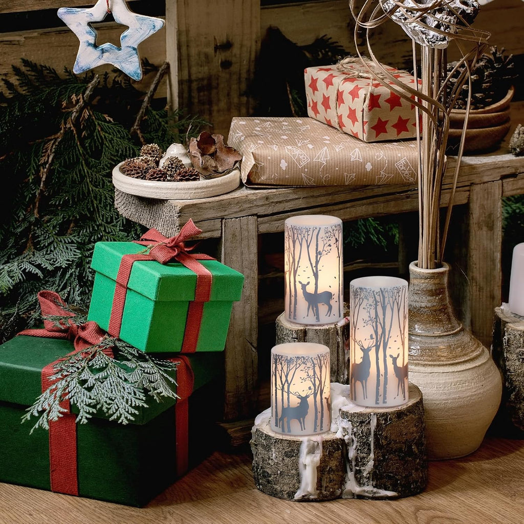 GenSwin Flameless Candles with Timer, Christmas LED Flickering Candles Real Wax with Silver Deer Decals, 3 Pack Pillar Fake Candle for Winter Indoor Fireplace Christmas Decor(D3” x H4”5”6”)