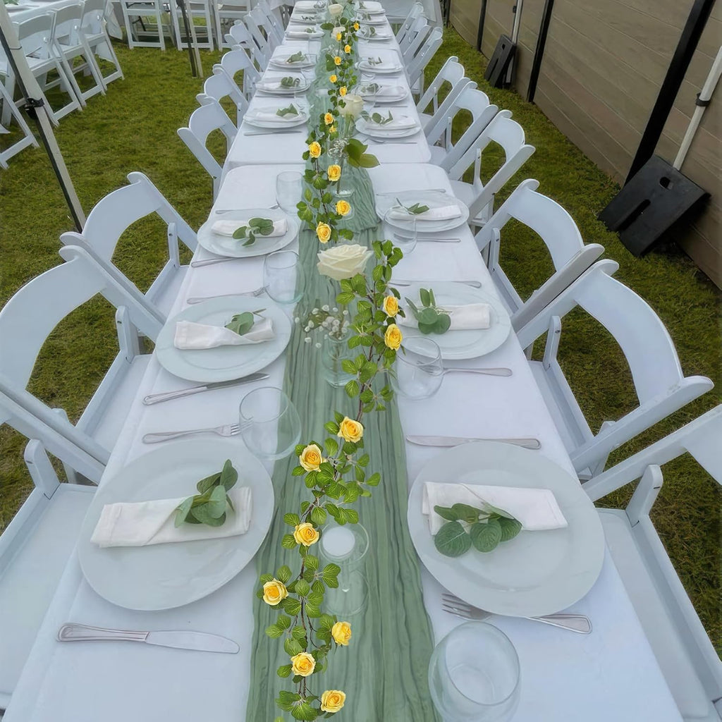 Artificial Roses Vines Flowers Garland Hanging Silk Rose Vine Floral Garland Yellow UV Resistant Realistic Faux Hanging Flowers Plants Fake Ivy Vines for Outdoor Porch Outside Decor Patio Yard