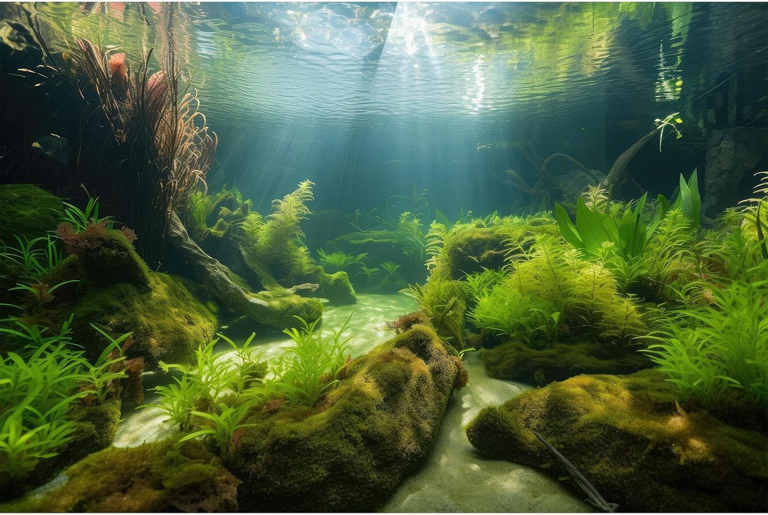 Underwater Aquarium Background Underwater Aquatic Plants with Sunbeams Fish Tank Background Rock with Lush Moss Terrarium Background Aquarium Backdrop For Tank Decorations Poster Vinyl 36x24in