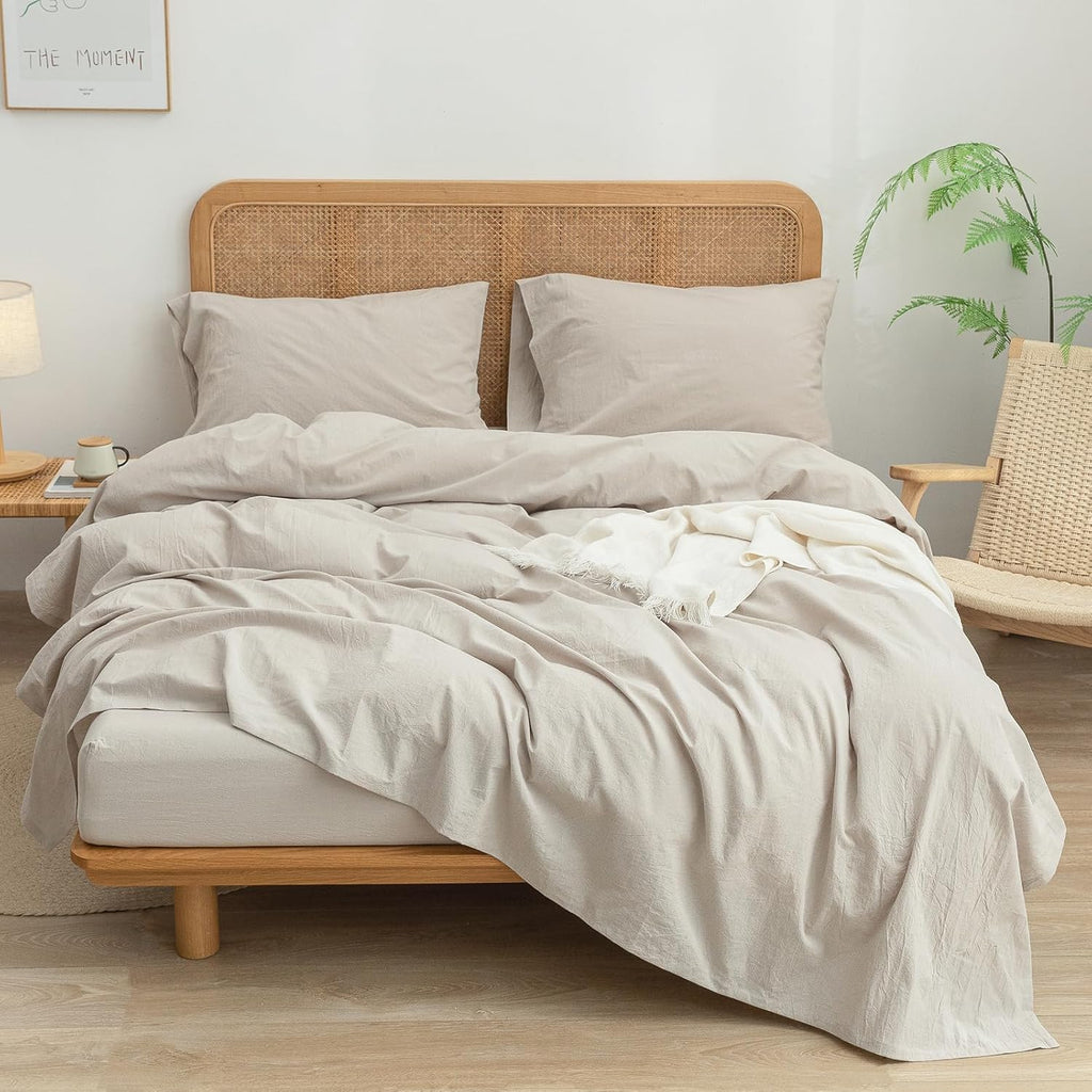BESTOUCH Sheet Set 100% Washed Cotton Linen Feel Super Soft Comfortable Chic Lightweight 4 Pcs Home Bedding Set Solid Linen Grey Queen