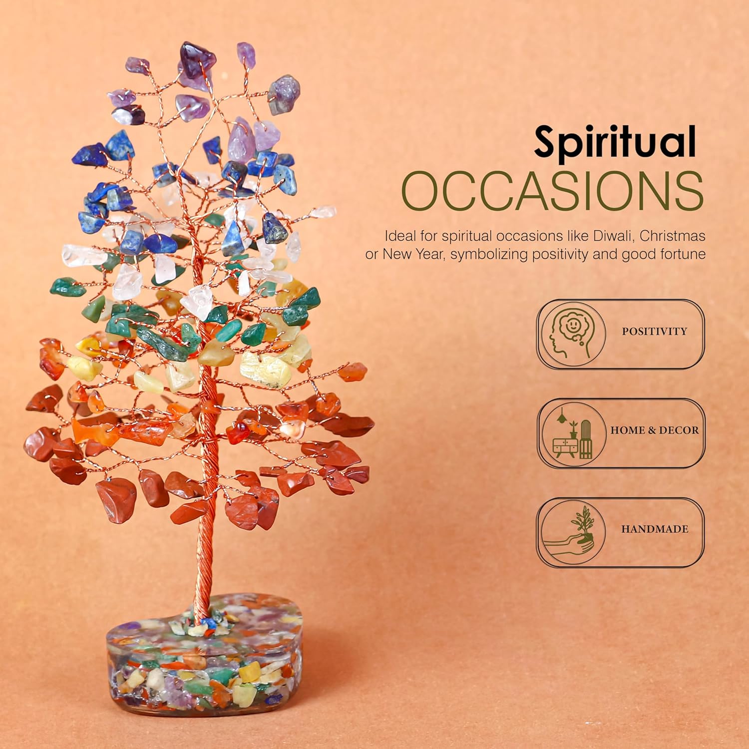Crocon Crystals Heart Shape Base Tree 7 Chakra Healing Stones Reiki Crystals Spiritual Positive Energy Home Room Office Desk Decor Pink Gifts for Women Men & Mom Birthday Presents Unique