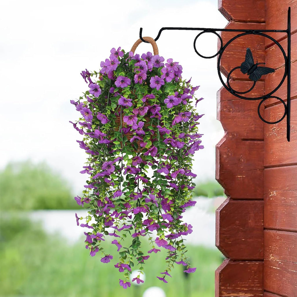 3 PCS Artificial Fake Hanging Flowers Plants with Basket for Spring Outdoor Outside Decoration, UV Resistant Faux Plastic Fabric Flower for Garden Porch Patio Balcony Yard Decor（Purple）