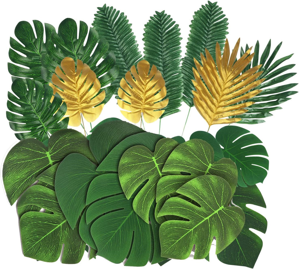 86Pcs 8Kinds Artificial Tropical Palm Leaves Jungle Safari Leaves Faux Plant Golden Leaves Decorations for Hawaiian Beach Birthday Luau Party Table Decorations