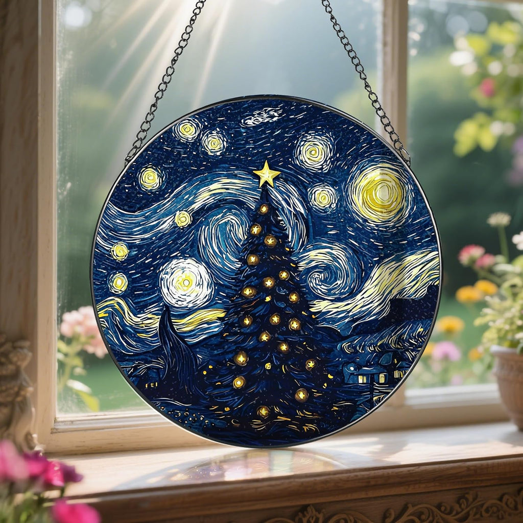 8-Inch Starry Night Christmas Tree Suncatcher Ornament, Stained Glass Window Hanging & Stained Glass Holiday Ornament, Sun Catcher Window Decor, Van Gogh’s Keepsake, Gifts for Christmas & Holidays