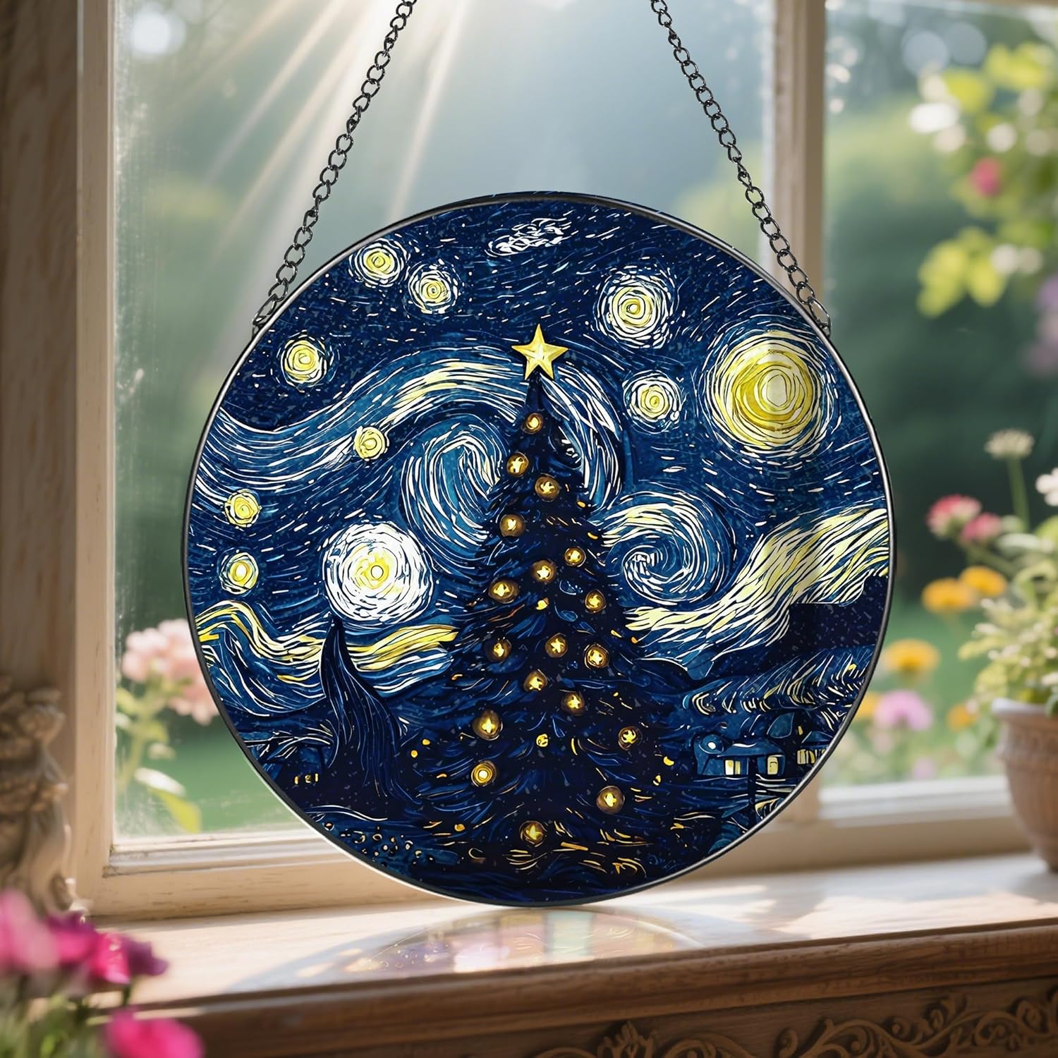 8-Inch Starry Night Christmas Tree Suncatcher Ornament, Stained Glass Window Hanging & Stained Glass Holiday Ornament, Sun Catcher Window Decor, Van Gogh’s Keepsake, Gifts for Christmas & Holidays