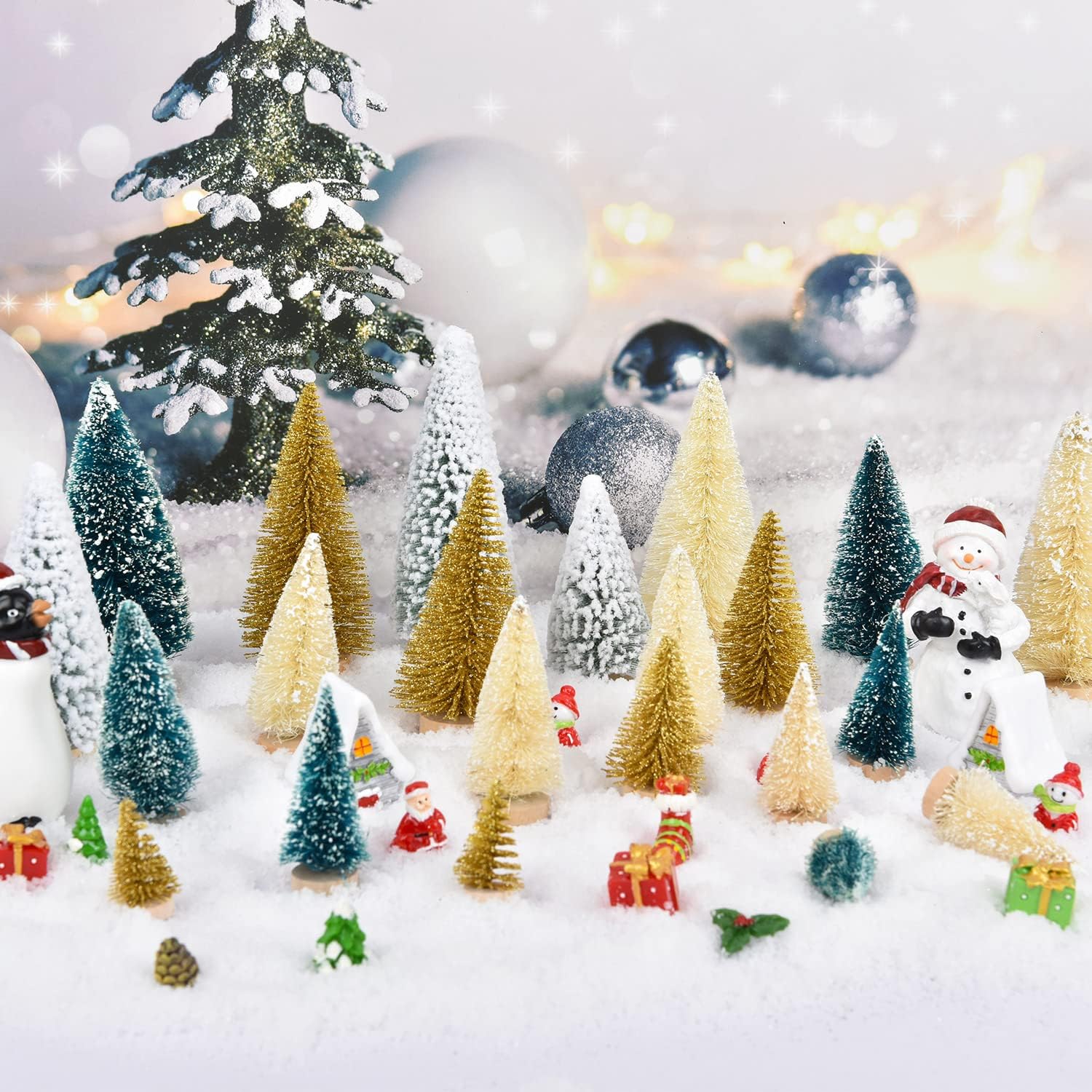 DearHouse 33PCS Artificial Mini Christmas Trees, Mini Pine Tree Sisal Trees with Wood Base Bottle Brush Trees for Christmas Table Top Decor Winter Crafts Ornaments