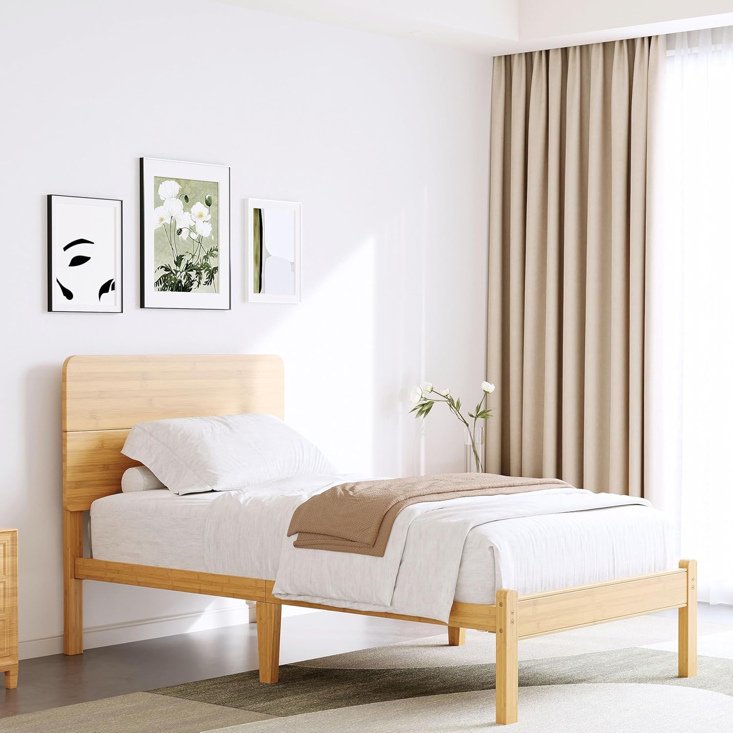 14in High Solid Bamboo Wood Platform Twin XL Bed Frame with Headboard, Reinforced Heavy Duty Metal Slats, Noise Free, No Box Spring Needed, Easy Assembly