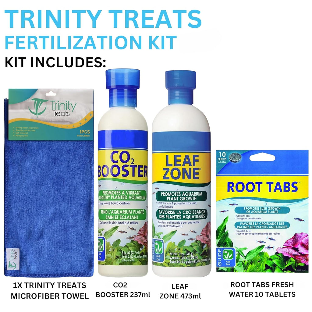 Aquarium Plant Care Kit with C02 B00STER 8 FL oz, Leaf Zone 16 FL oz, Root Tabs 10-Counts & Trinity Treats Microfiber Cleaning Cloth for Freshwater Aquariums