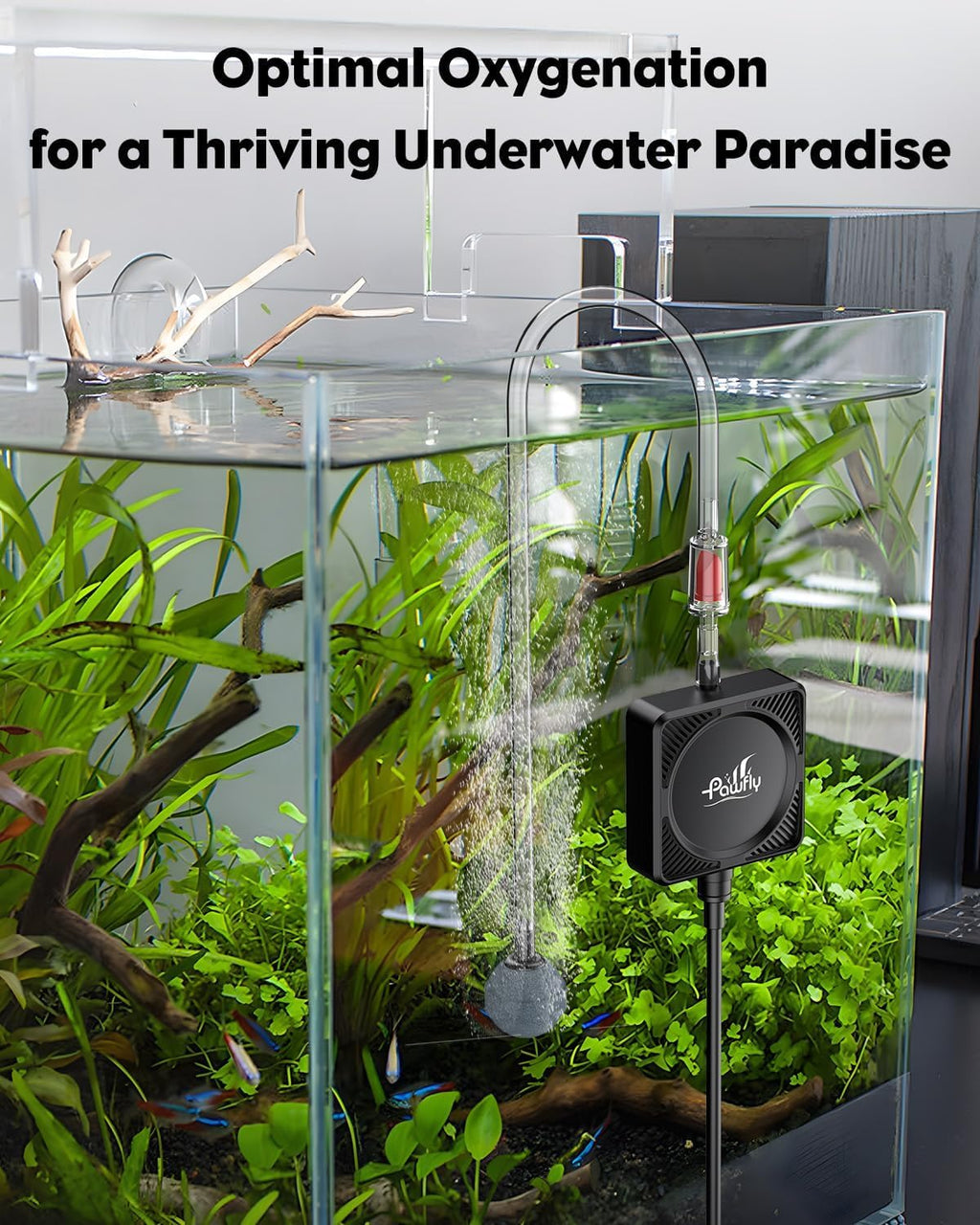 Pawfly Mini Aquarium Air Pump, Ultra Quiet Oxygen Aerator Kit for 1-15 Gallon Fish Tanks with Air Tubing, Air Stone, Check Valve & Suction Cups