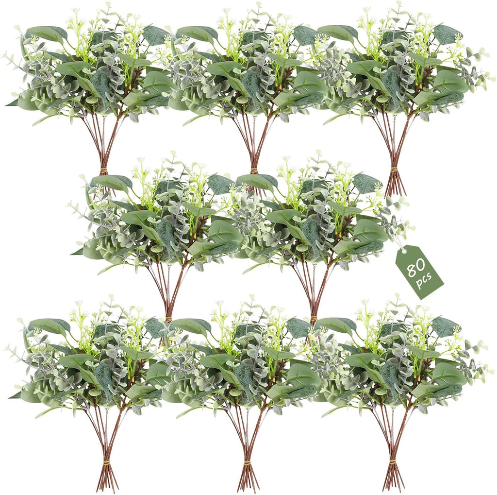 80 Pcs Mixed Eucalyptus Leaves Stems Bulk Artificial Silver Dollar Leaves for Vase Bouquets Baby Eucalyptus Leaves for Family Wedding Center Flower Arrangement