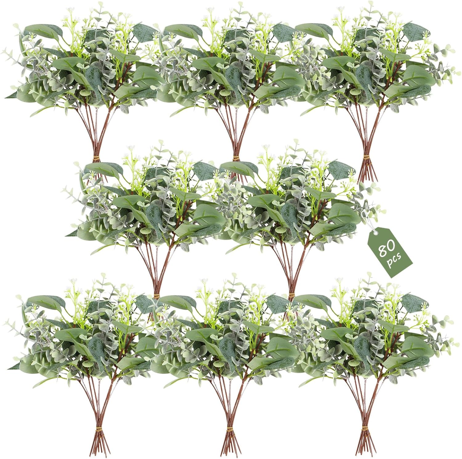 80 Pcs Mixed Eucalyptus Leaves Stems Bulk Artificial Silver Dollar Leaves for Vase Bouquets Baby Eucalyptus Leaves for Family Wedding Center Flower Arrangement