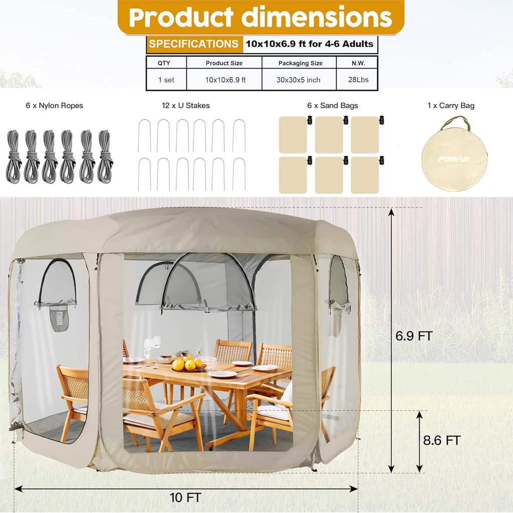 Porayhut Pop up Bubble Tent Screen House 10’X10’Large Camping Sun Shelter,Weather and Cold Proof Pod with Detachable Sunshade Cloth,Waterproof Floor,2 Zipper Doors & 4 Mesh Breathable Windows