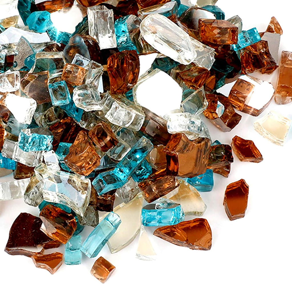 Skyflame 10-Pound Blended Fire Glass for Fire Pit Fireplace Landscaping, 1/2 inch Aqua Blue, Platinum, Copper Reflective