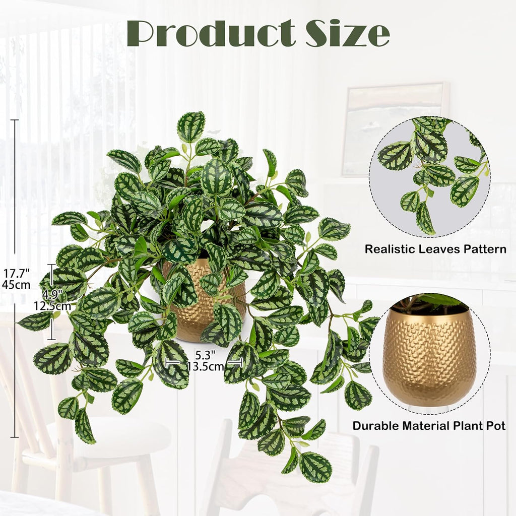 Briful Faux Plants Indoor 17.7in Fake Watermelon Peperomia Plant in Gold Pot with Realistic Silk Green Leaves Artificial Potted Plant for Home Office Table Shelf Desk Modern Room Decor