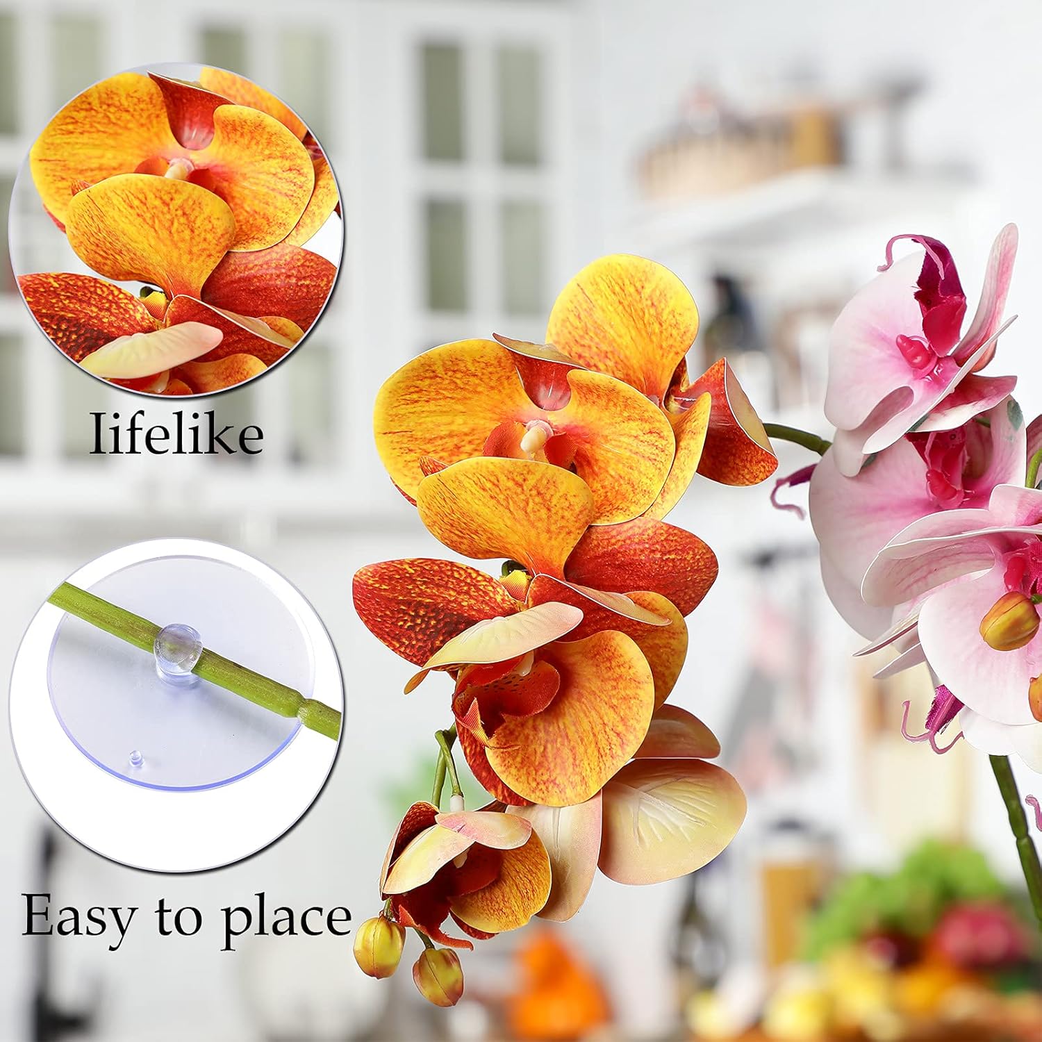 Chuangdi 2 Pieces Artificial Phalaenopsis with Suction Cups Terrarium Plant Decoration Reptile Habitat Plant Decor for Hermit Crab Lizards Geckos Snake Reptile (Purple, Yellow)