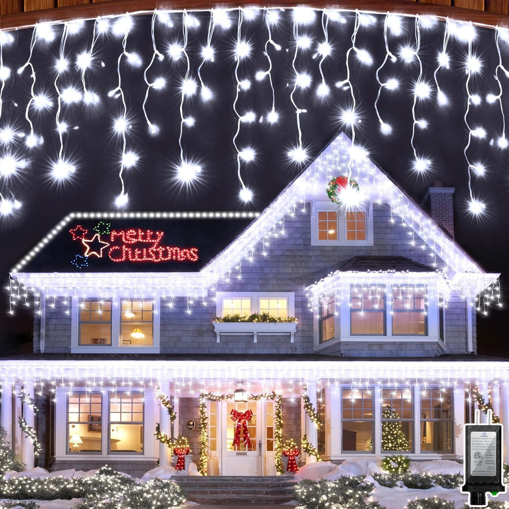 1296 LED 131FT Christmas Lights 288 Drops, Outdoor Hanging lights with 8 Modes & Timer, Plug in Curtain String Light Outdoor Waterproof for House Tree Holiday Wedding Party Outside Decor (Cool White)