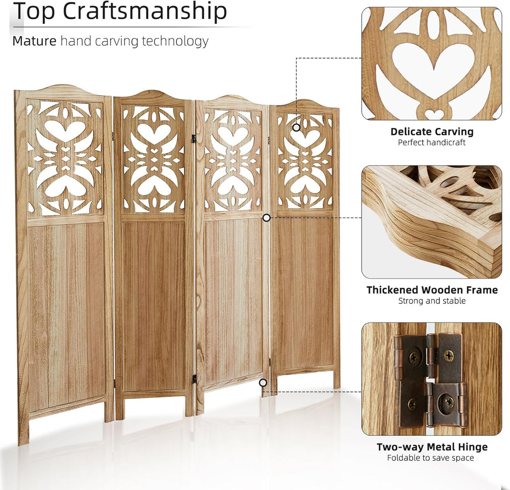 4 Panels Room Divider, 5.6Ft Carved Room Divider Wall and Foldable Divider Screens, Folding Privacy Screen, Folding Portable Partition Screen, Creative Divider Panel - Natural