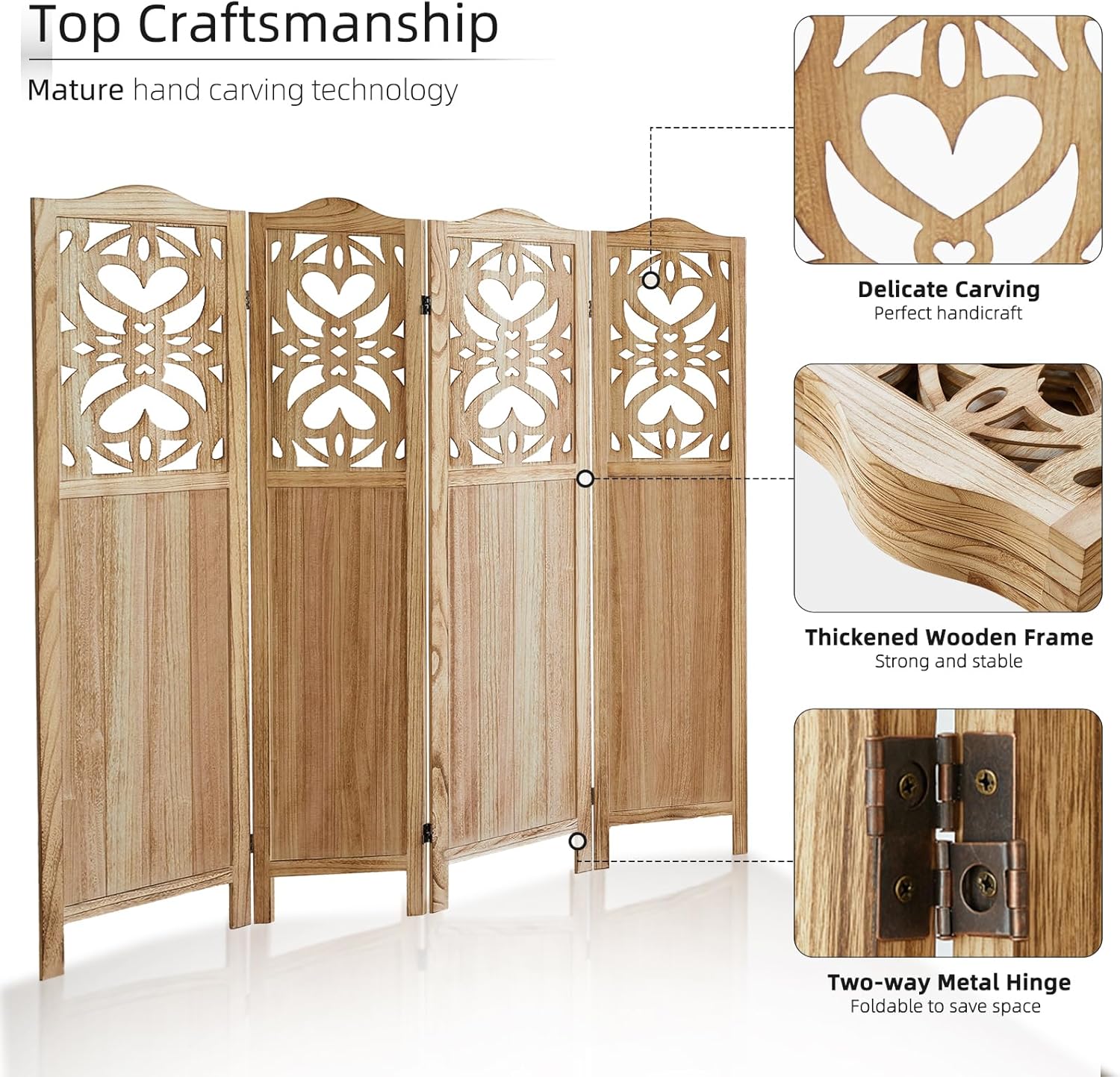 4 Panels Room Divider, 5.6Ft Carved Room Divider Wall and Foldable Divider Screens, Folding Privacy Screen, Folding Portable Partition Screen, Creative Divider Panel - Natural