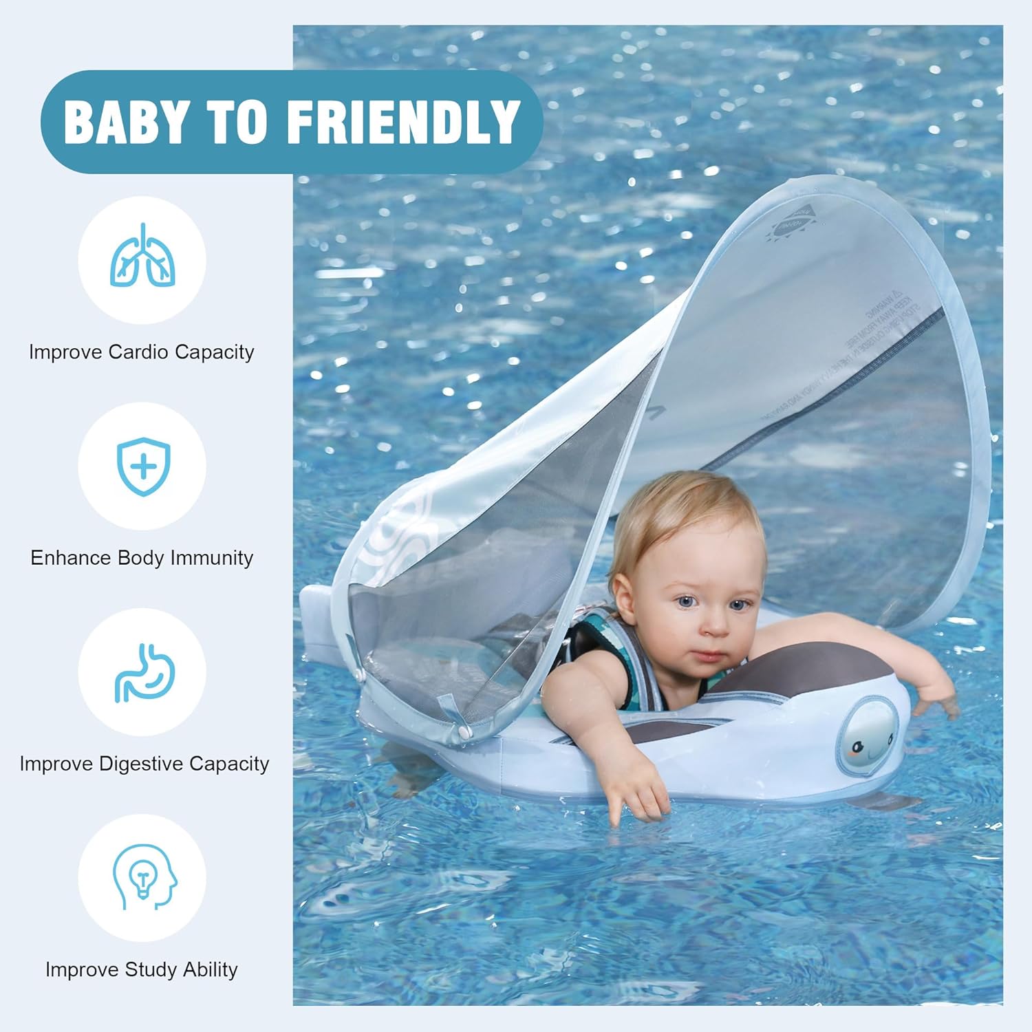 Mambobaby Baby Pool Float with Removable Sun Canopy - Non Inflatable Infant Swim Float with Anti-Flip Tail Design, Waterproof & Skin-Friendly Baby Float for Swimming (3-24 Months)