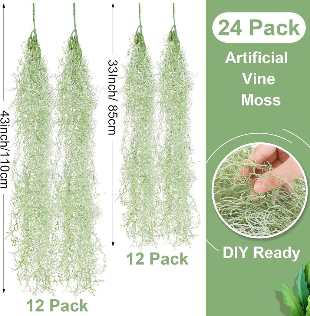 Cindeer 24 Pack Fake Spanish Moss Artificial Hanging Decoration Bulk Faux Greenery Moss Garland for Potted Wall Living Room Indoor Outdoor Decor(43 Inch, 33 Inch,Light Gray)