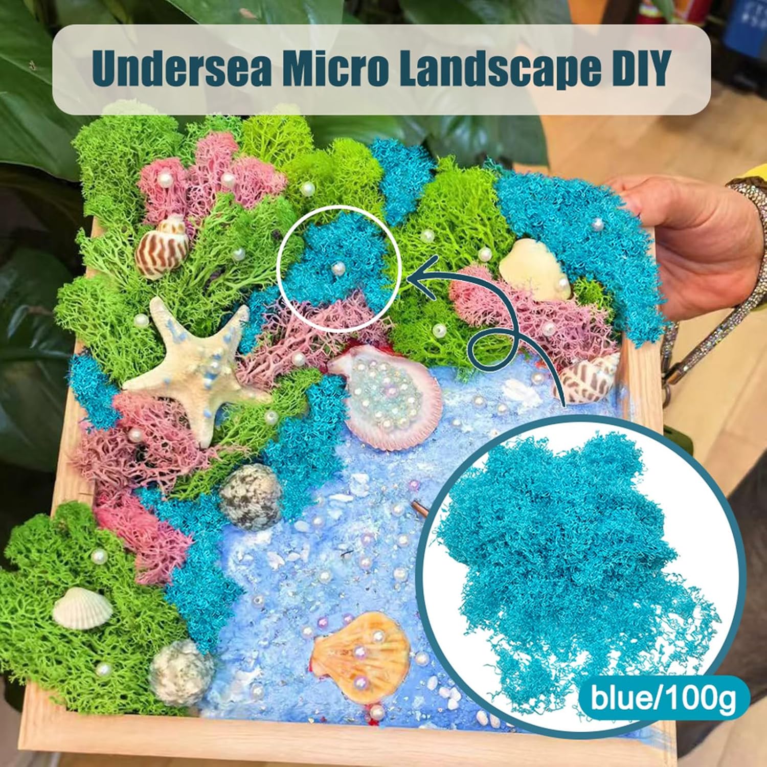 Artificial Faux Moss, 3.52 oz Fake Moss for Crafts Preserved, Artificial Moss for Crafts, Artificial Moss for DIY Scenery, Fake Moss Decor Decorative Table, Fairy Garden, Floral Wedding (Blue)