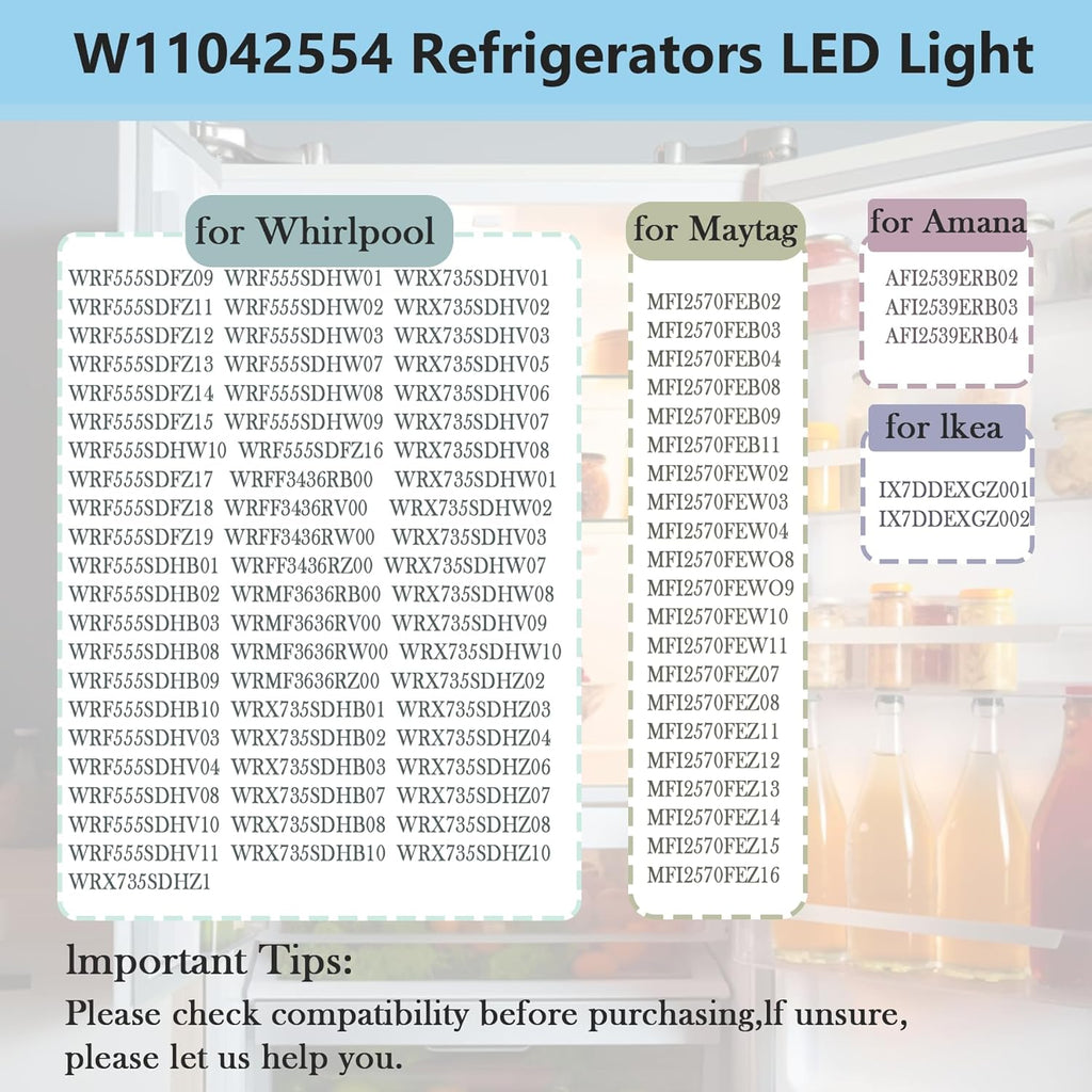 W11042554 W11043011 W11527432 W11387579 W11333374 W10866538 Refrigerator LED Light, Refrigerator LED Light Compatible for Whirlpool Kenmore Maytag Amana Refrigerator Lights Replace