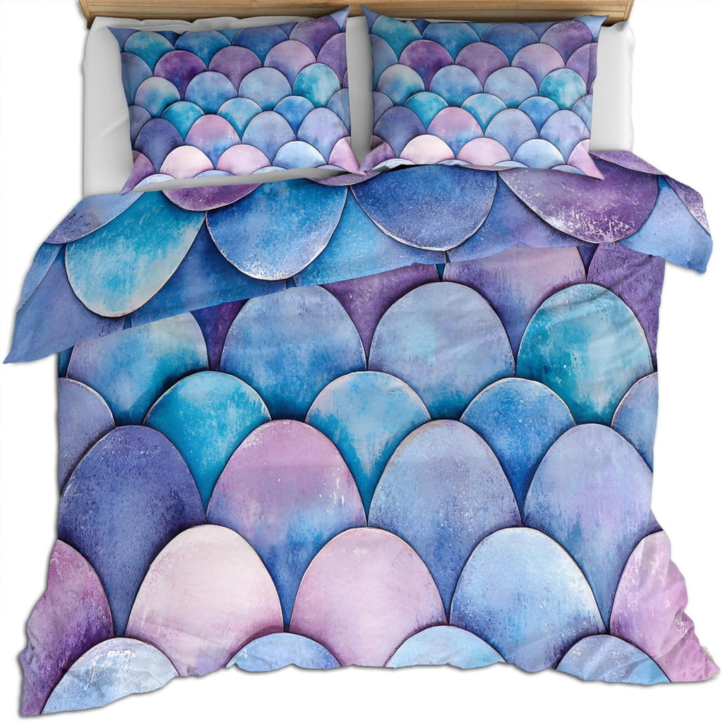 Purple Fish Scales Duvet Cover Oversized King, Colorful Scales Bedding Set 3 Piece Bedroom Decor Dream Fairytale Comforter Cover with Zipper Ties & 2 Pillowcases