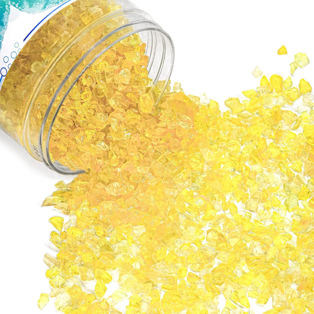 Crushed Glass for Resin Art - 3-6mm Yellow, 1.5lb | Broken Glass Pieces for Crafts, Vase Filler & Fire Pit Media | Decorative Stones