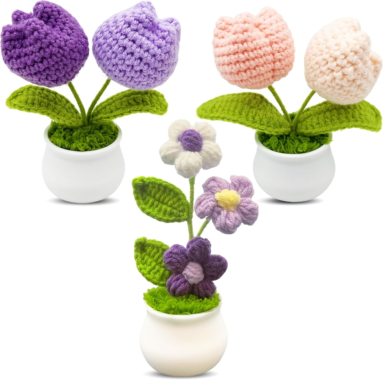 3pcs Crochet Flowers Cute Potted Flower,Mini Flower Bouquet for Mom Wife, Cute Desk Decor for Women,Artificial Handmade Flowers for Car Dashboard,Home Office Decoration (Color#5)