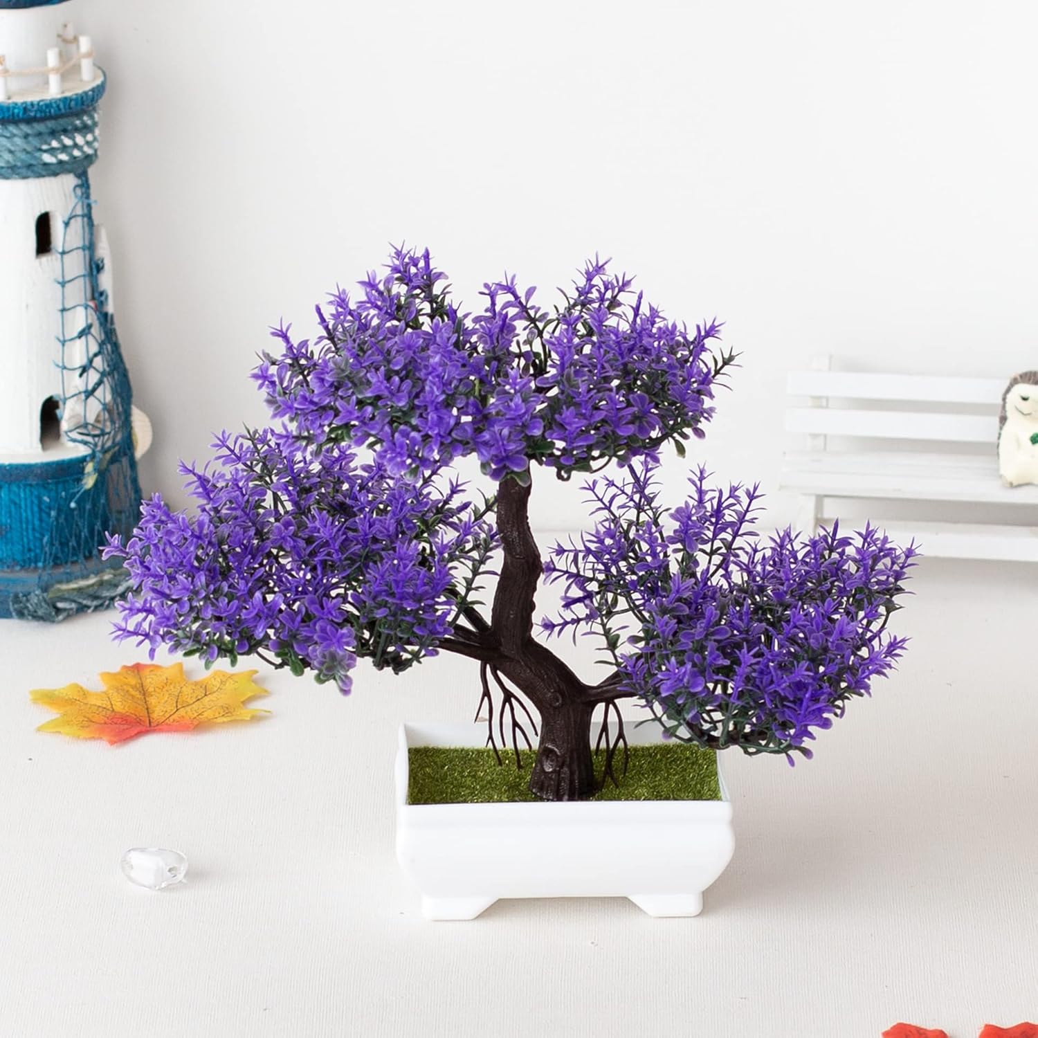 Mini Artificial Bonsai Tree Plants Artificial Plant Welcome Pine Tree with Plastic Cement Pots for Home Office Décor (Purple)