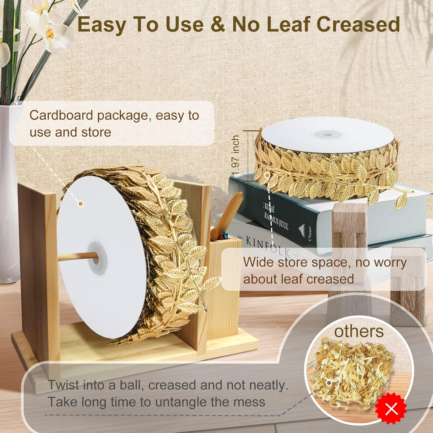 Naidiler Gold Leaf Ribbon, 40 Yards Artificial Gold Leaf Trim for DIY Crafts, Wrapping, Wedding Cake Baby Shower Party Wreath Garland Hair & Clothes Home Décor