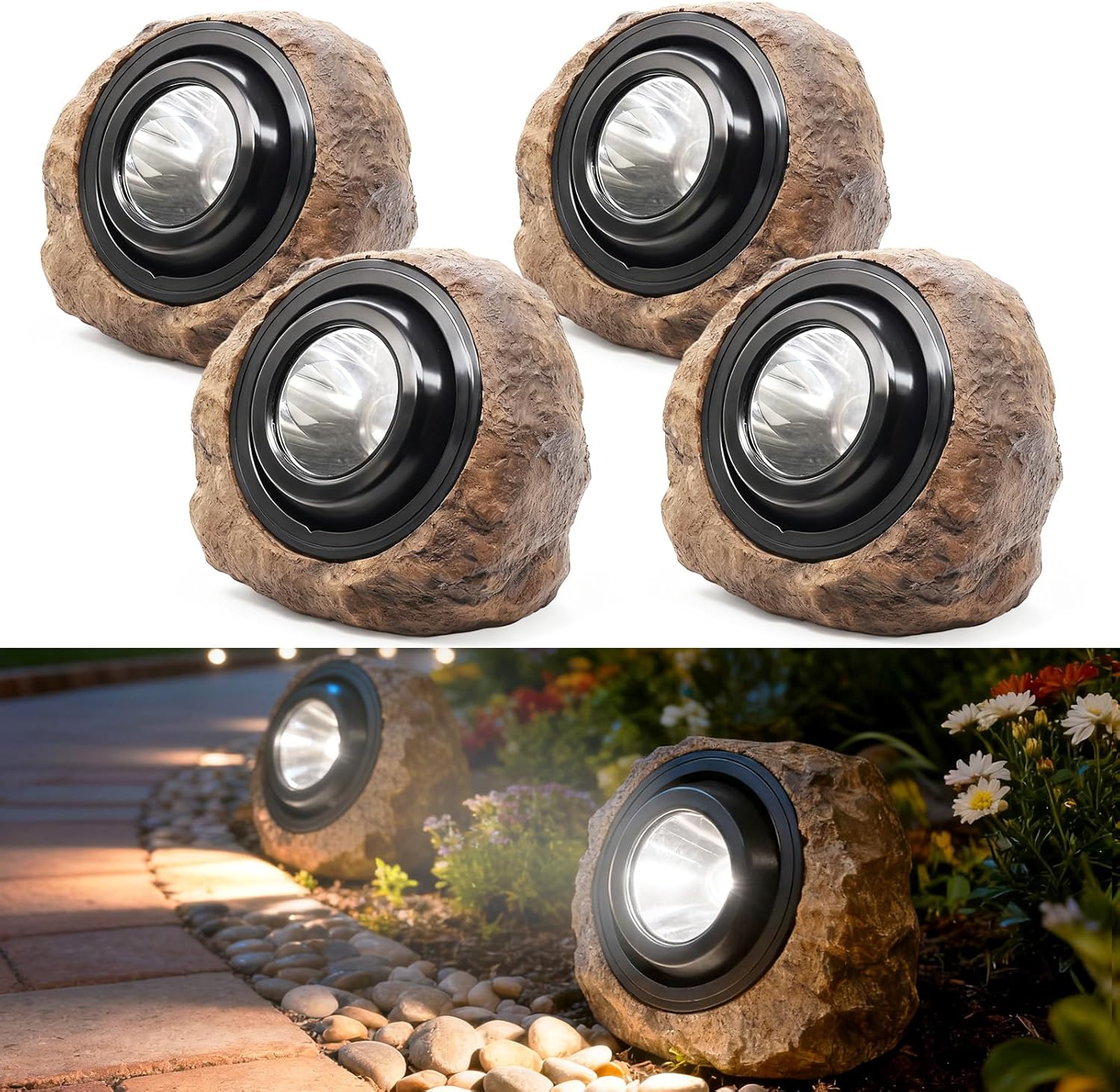 Solar Powered Rock Lights Outdoor- 4 Pack Super Bright Solar Spot Garden with 2 Lighting Modes, IP65 Waterproof Outdoor Decorative for Garden,Backyard, Roads, Yard, Patio Landscape,Sidewalks