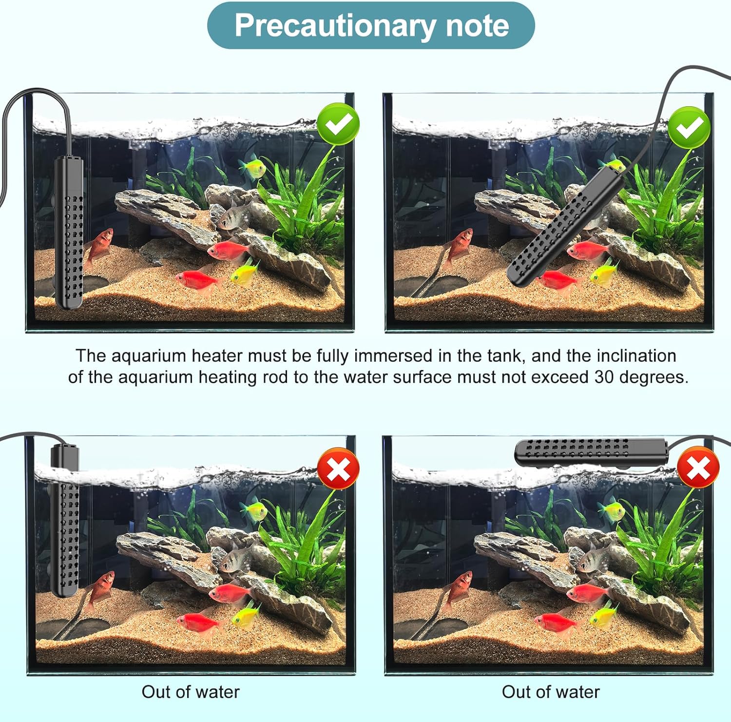 Submersible Aquarium Heater 100W/200W/300W/500W, Fish Tank Heater with high-Temperature Protection and Turtle Tank Heater with Automatic Power-Off When Leaving seawater or Freshwater