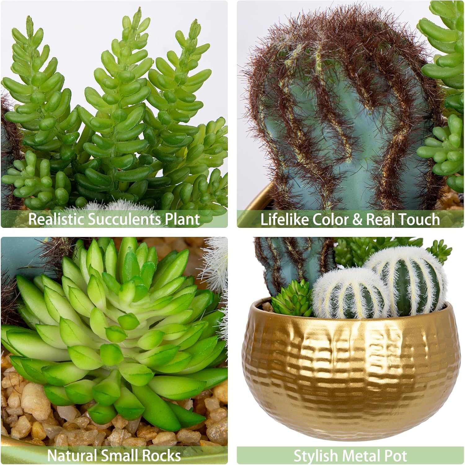 Artificial Cactus Plants Indoor, 7" Assorted Small Faux Succulent in Pots Fake Potted Desk Plant with Gold Bowl Mini Succulents Artificial Cactus Decor for Home Office Bathroom Table Shelf