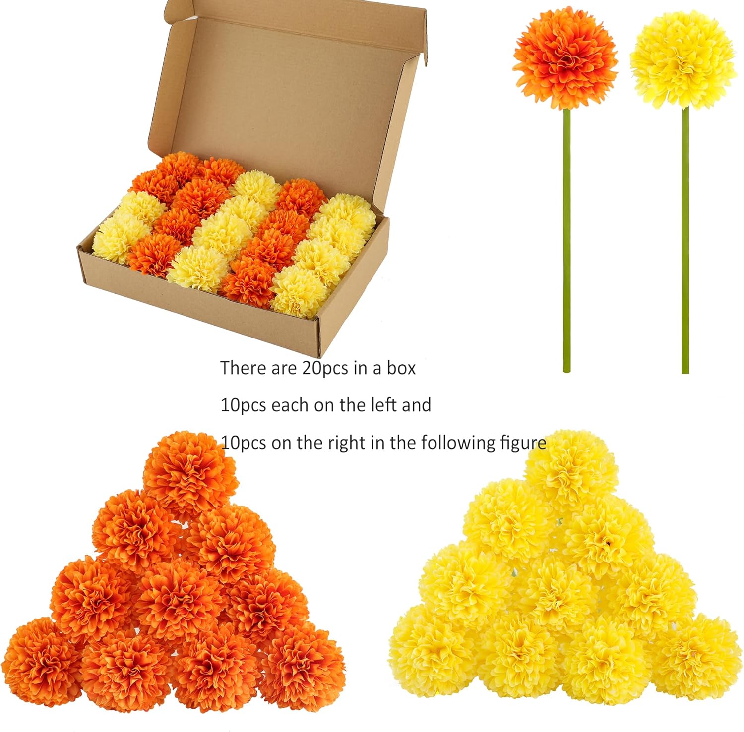 Kimura's Cabin 20Pcs Fake Silk Ball Flowers Artificial Chrysanthemum Faux Mums Bouquets Wedding Arrangements Halloween Thanksgiving Home Kitchens Table DIY Center Decoration (Orange Yellow)