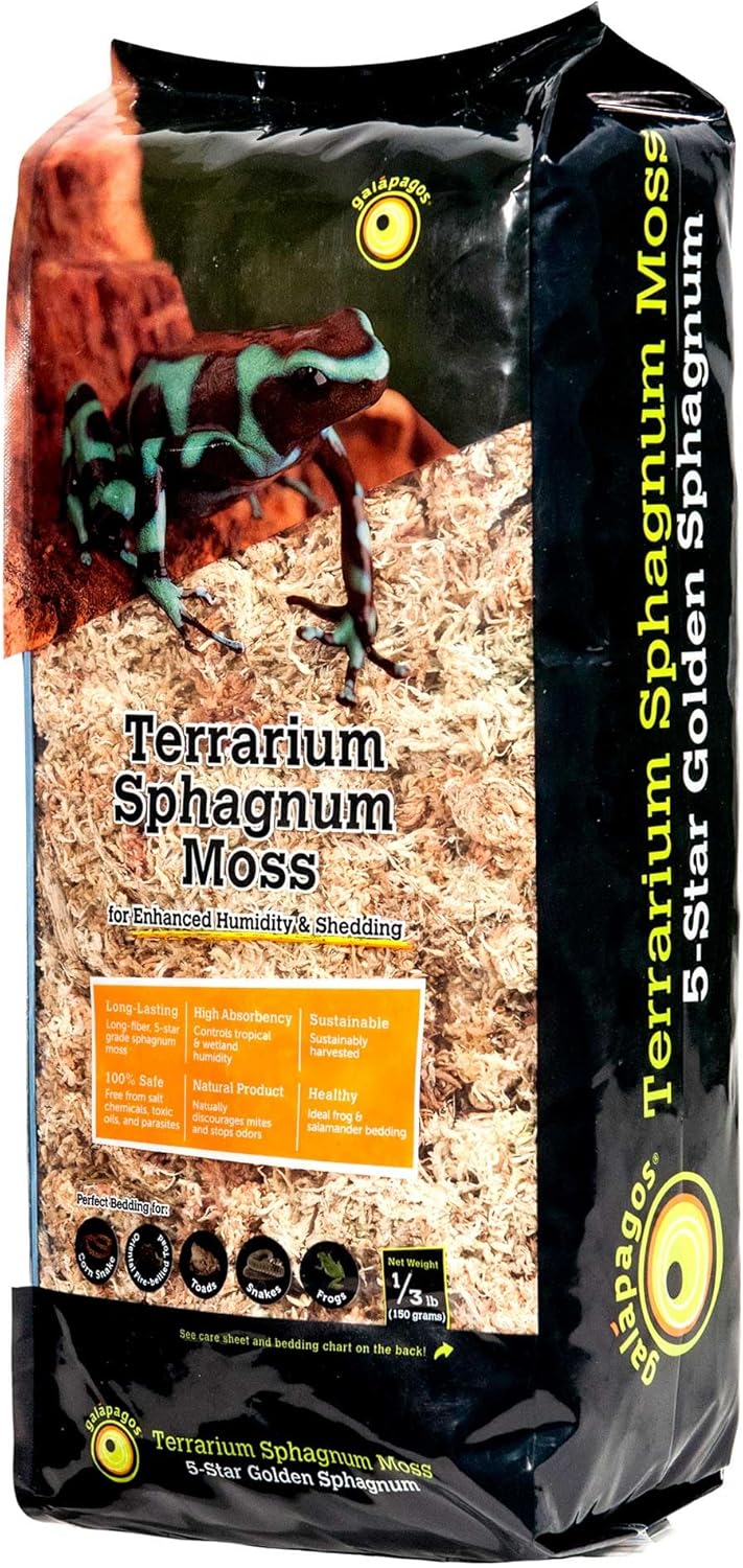 Galápagos (05203) 5-Star Golden Sphagnum Moss | Long-Fiber Snake Bedding, Reptile Substrate & Terrarium Moss for Frogs, Toads, Carnivorous Plants, Leopard Geckos, Snakes, and Amphibians, 1/3 Pound