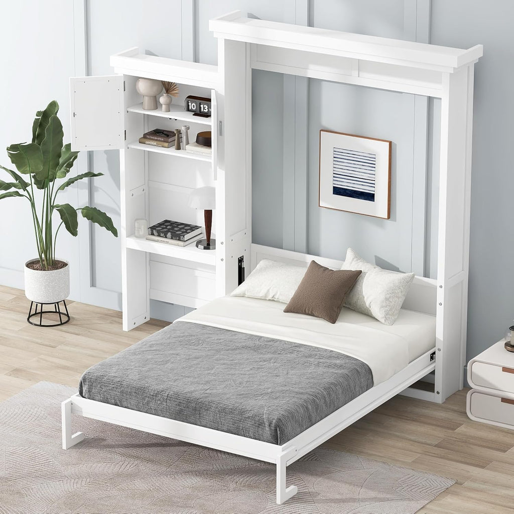 Merax Queen Size Murphy Bed with Multiple Storage Shelves,Wall Bed with Louvered Style Decoration,White