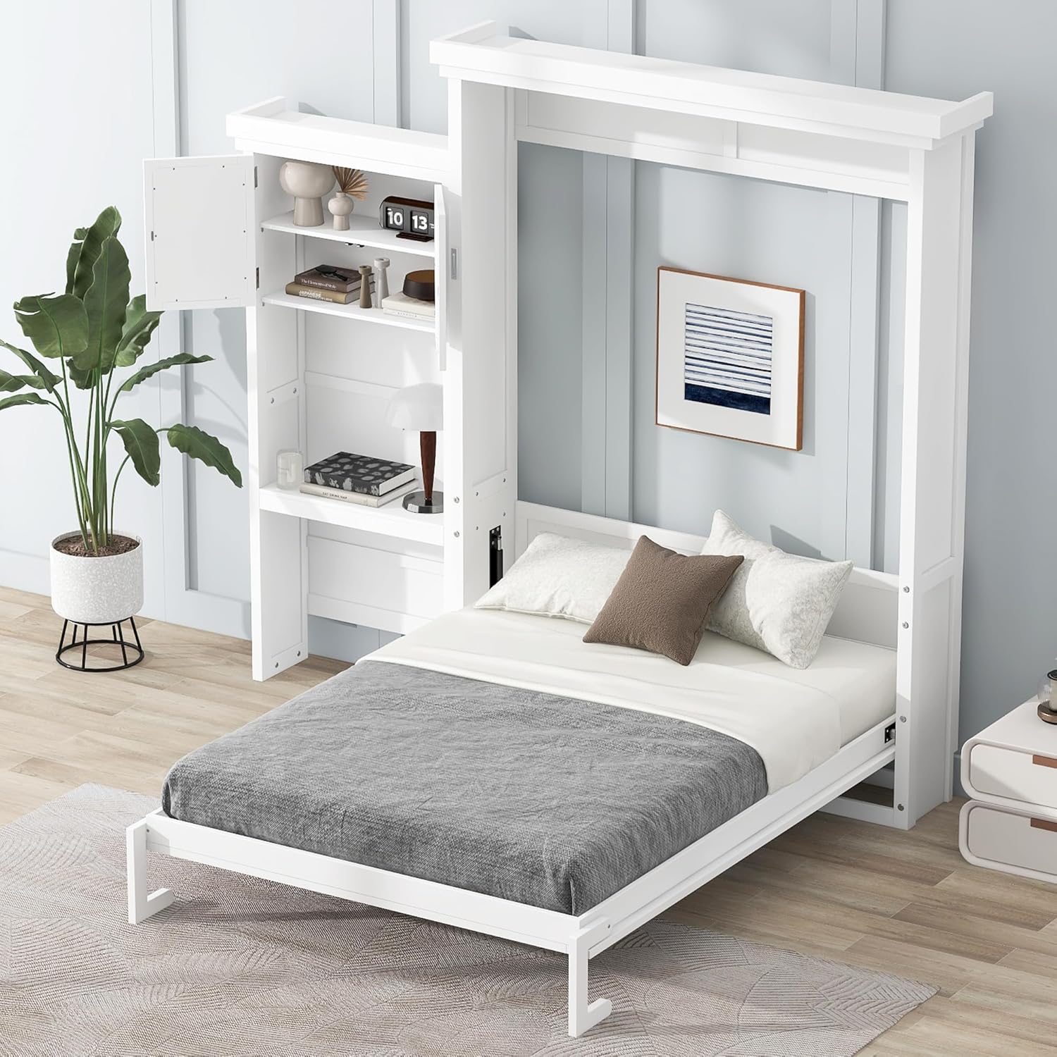 Merax Queen Size Murphy Bed with Multiple Storage Shelves,Wall Bed with Louvered Style Decoration,White