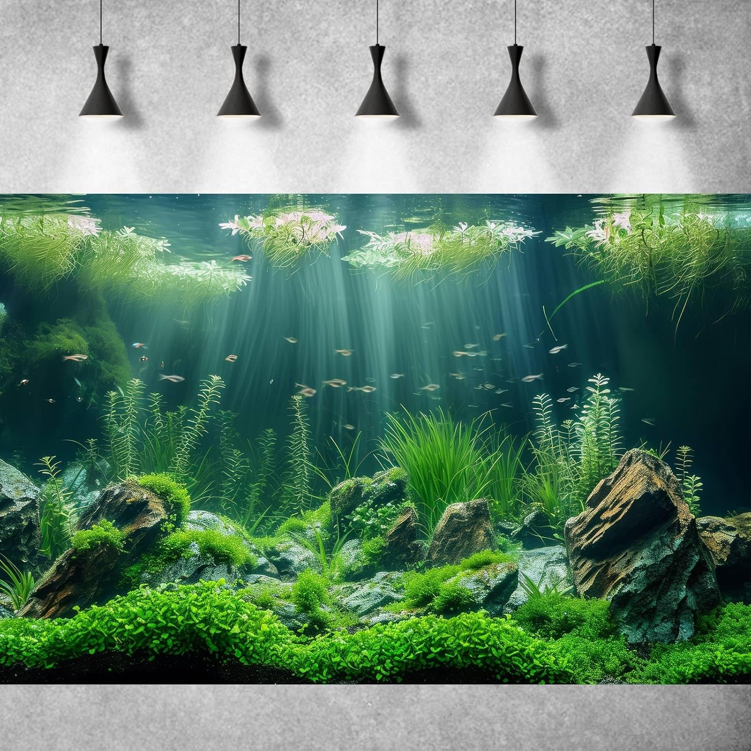 Underwater Aquarium Background Lush Green Aquatic Plants Fish Tank Background Rocks Stones with Moss Under The Sea Terrarium Background Tropical Underwater World Theme Aquarium Backdrop 30x12in
