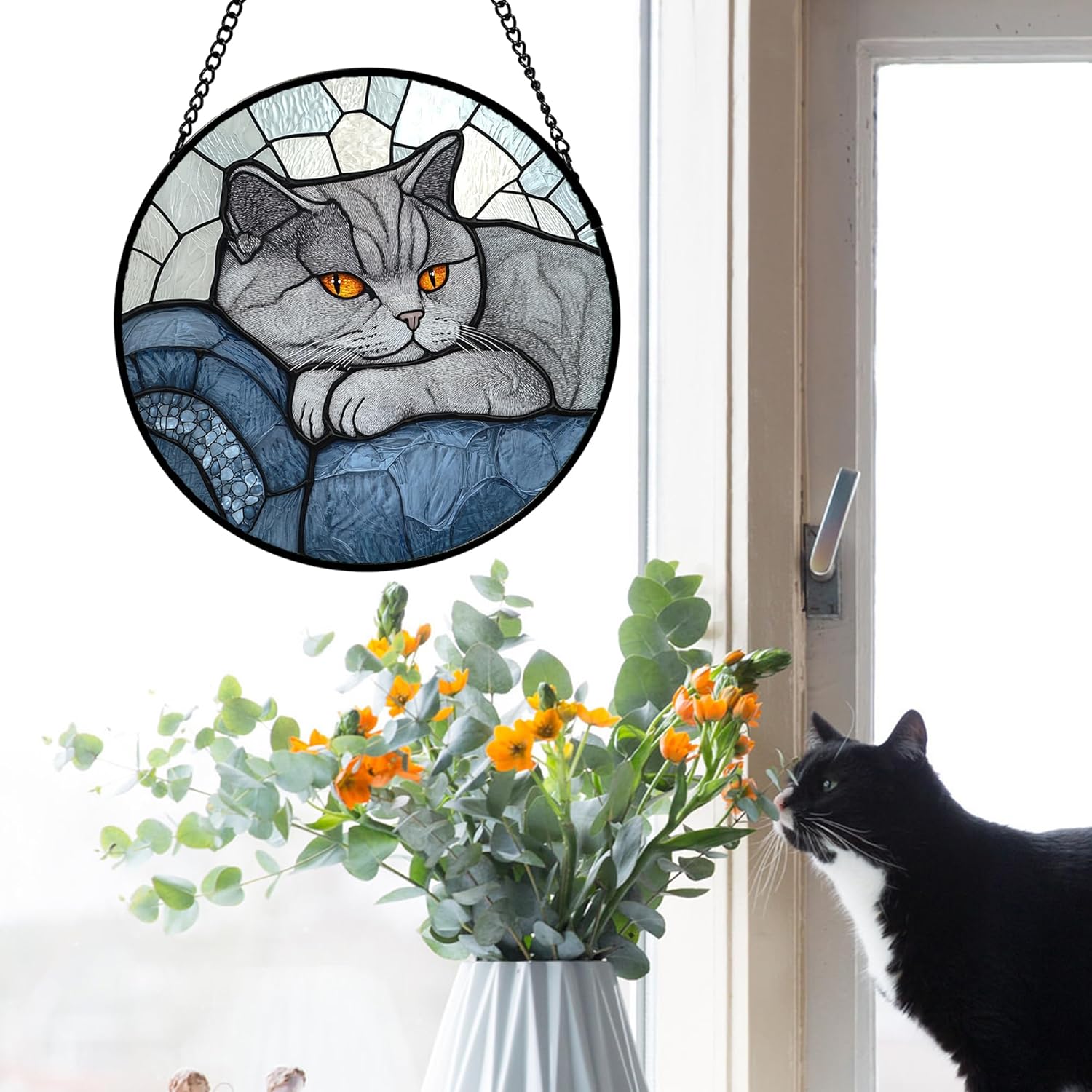 Stained Glass Window Hanging 4 Pcs Set Cute Cat 9.8" - Suncatcher Door Garden Sun Catcher Decor Birthday Mother's Day Christmas Comfort Gifts for Lost Pet Woman Nana Mom Men Friend