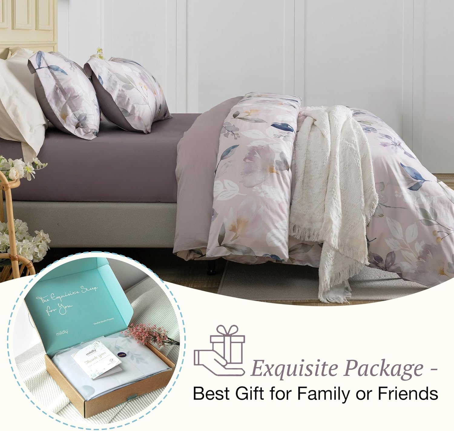 MILDLY 100% Long-Staple Cotton Duvet Cover Set Light Gray Pink Floral Leaf Pattern Printed Comforter Cover 3pcs, Ultra Soft & Breathable Bedding Set