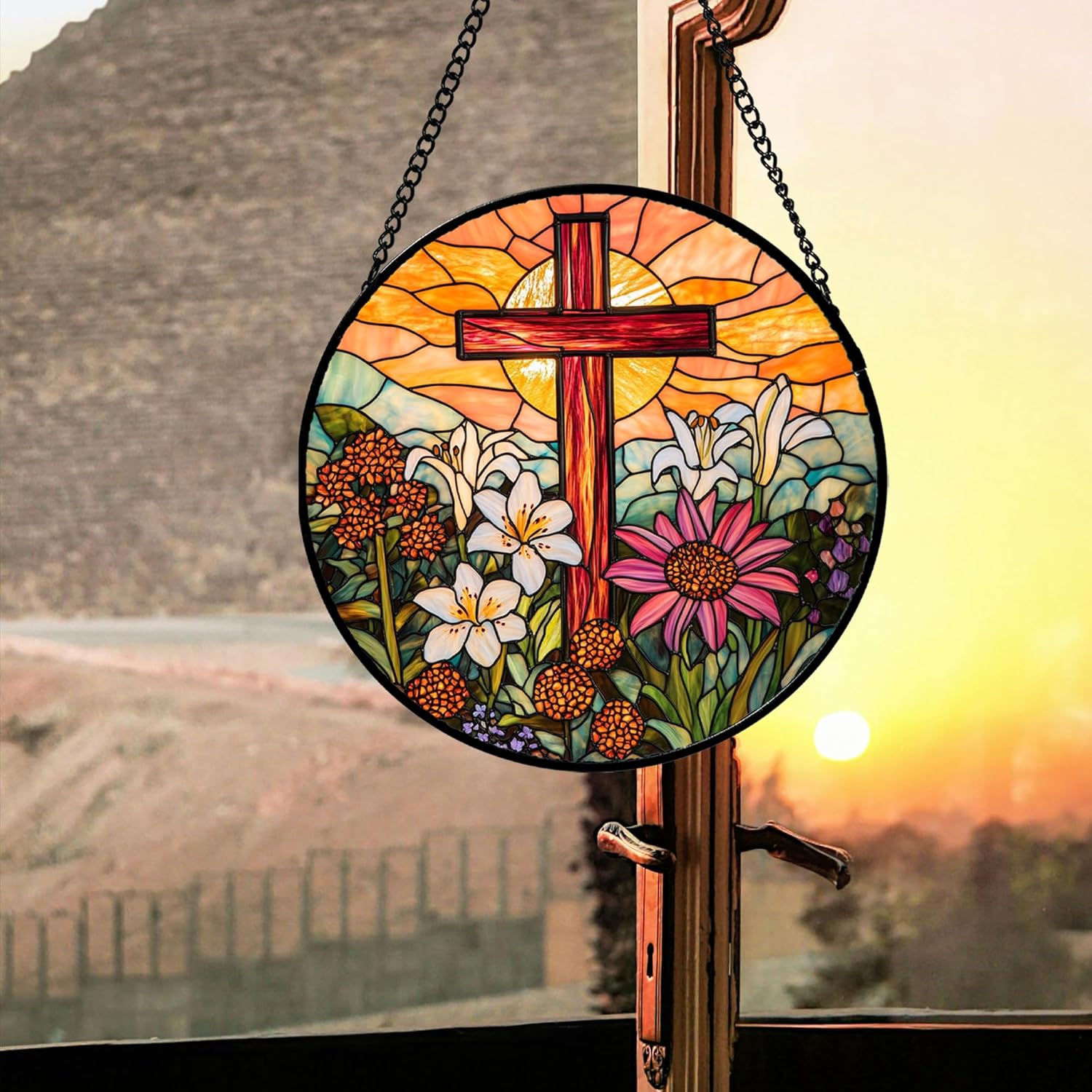 Christian Gifts for Women - Cross Stained Glass Window Hanging Easter Flower Sunset Landscape Sun Catcher Garden Religion Decor Mother's Day Catholic Gift for Men Grandma Mom Her Nana 15"