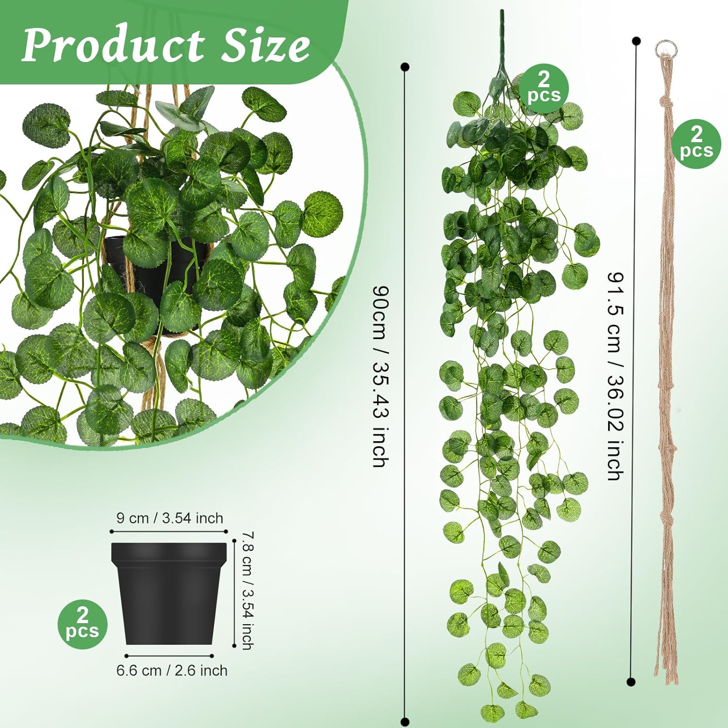 Folmywy 2 Pack Artificial Hanging Plants Vines with Pot Fake Greenery Potted Plant Eucalyptus Leaves Decoration for Indoor Outdoor Wall House Room Patio Bookshelf Office Party Decor